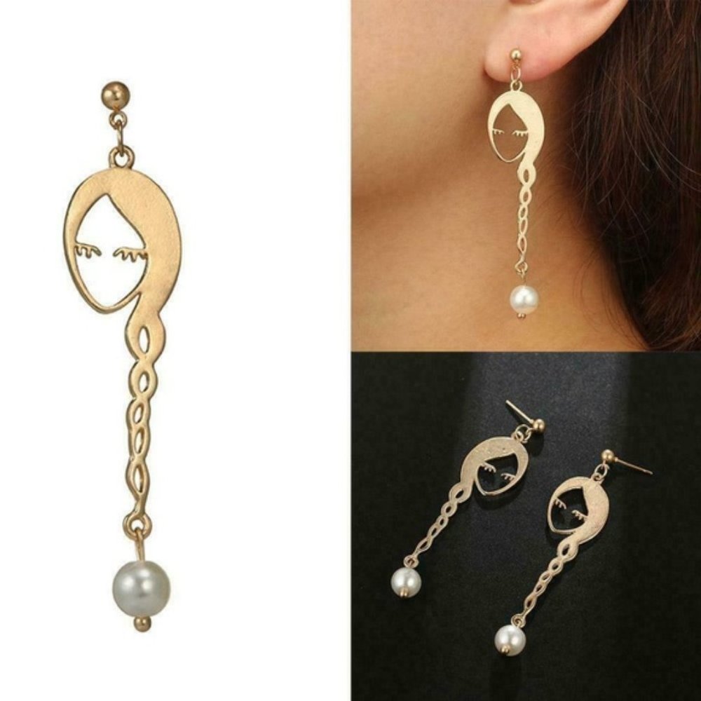 New Silhouette Face Dangle Gold Pearl Earrings